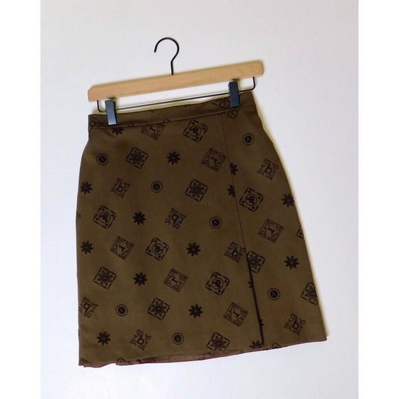 ROCCOBAROCCO Jeans Italian Brown Logo Print A-Line Skirt Flocked Office Size 8 - Picture 1 of 12